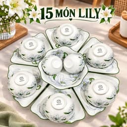 Bộ Bát Đĩa Hoa Mặt Trời 15 Món Gốm Sứ Cao Cấp, Họa Tiết Hoa Trắng Viền Xanh Kèm Khay Sen Trang Trọng,Chén Đĩa Gia Đình 4