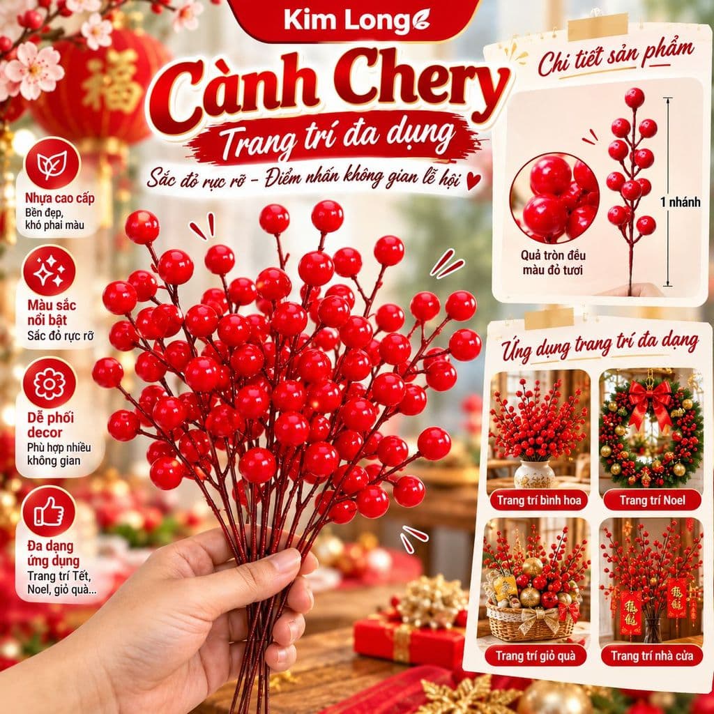 Sỉ 100 Nhánh Cherry, đào đông 12 quả Loại 1 dùng để trang trí Tết, làm oản, và quà tặng.