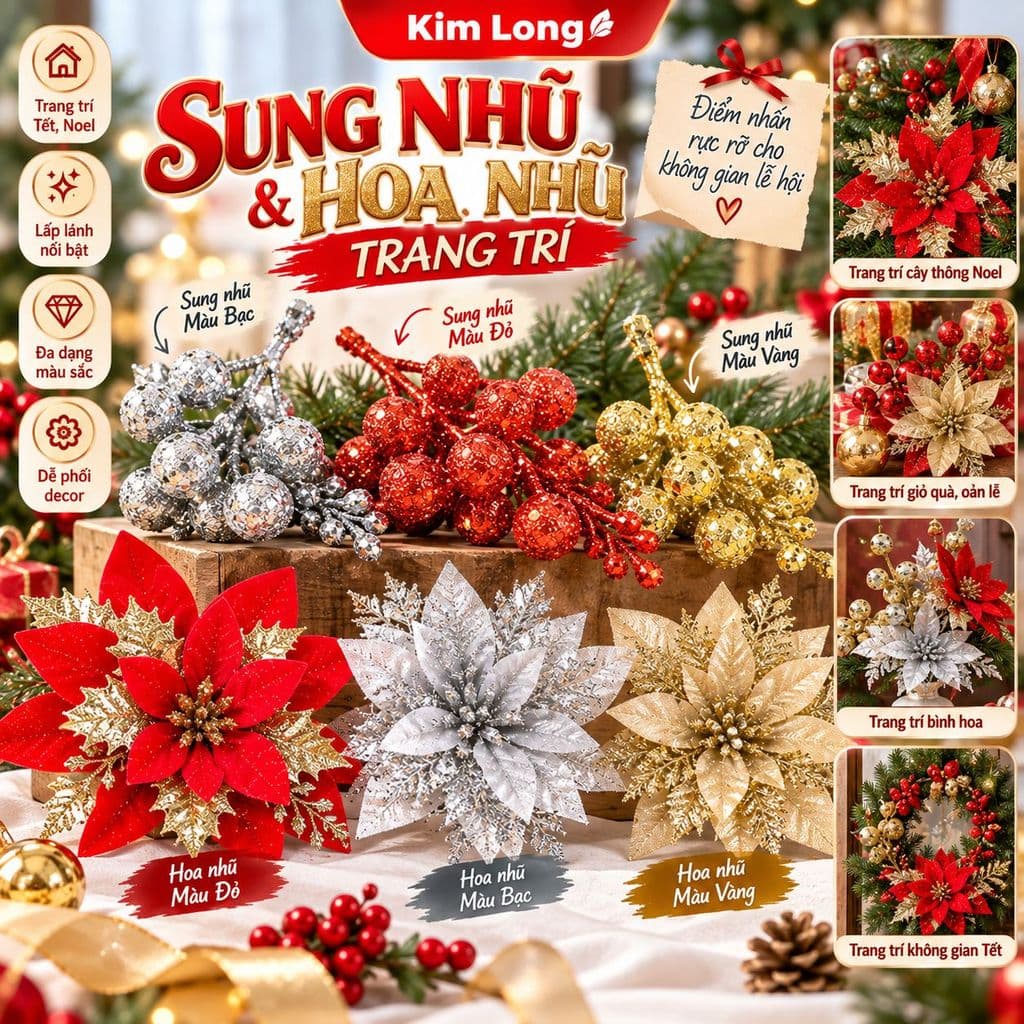 Sỉ 100 Sung Nhũ Trang Trí Oản Tài Lộc Chùm Quả Sung Kim Tuyến, Phụ Kiện Cắm Oản Mâm Lễ Tết Đẹp cho Thần Tài.