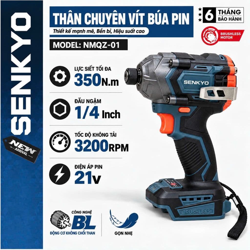 [MẪU MỚI] Máy chuyên vít có búa SENKYO NMQZ-O1, Lực Siết 350Nm, Tốc độ 3200v/p, 2 cấp chỉnh tốc