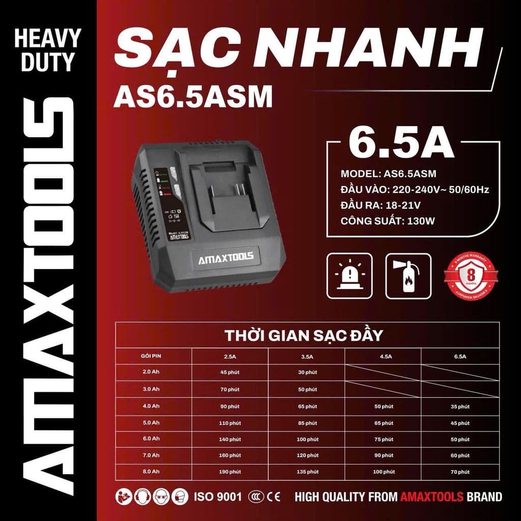 Chính Hãng - Sạc Nhanh AMAXTOOLS AS6.5ASM - 6.5Ah Cao Cấp, Sạc Cho Pin Dung Lượng Lớn, Chân M21