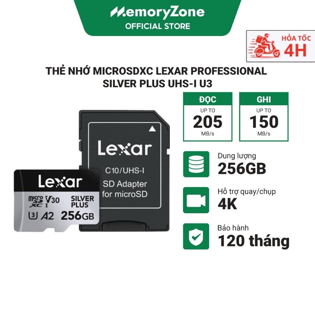 Thẻ nhớ MicroSDXC Lexar Professional Silver Plus UHS-I U3 205MB/s -  Hỗ Trợ Quay 4K Ultra HD, Chống Nước, Chống Sốc