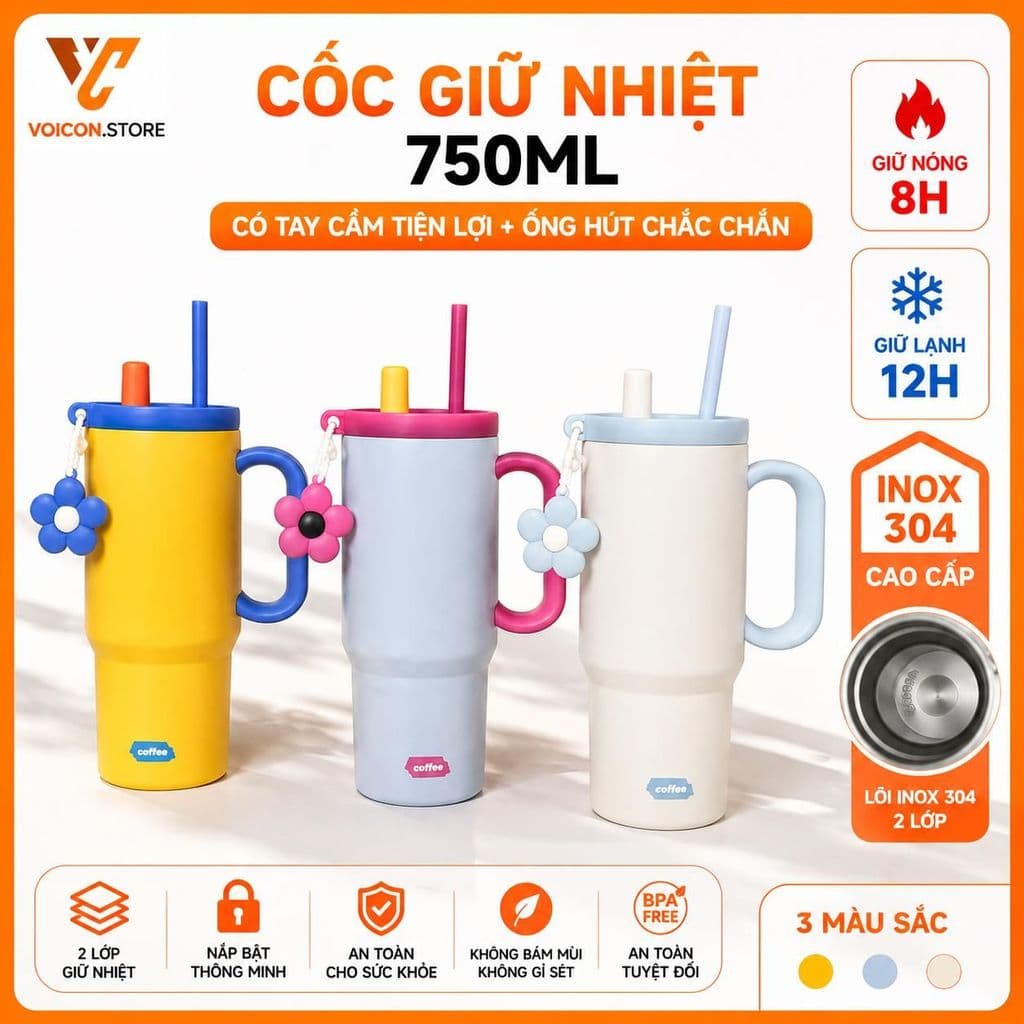 Bình Giữ Nhiệt 750ML - Cốc Xinh Xắn Tiện Lợi Đậm Chất Cá Tính Với Charm Hoa Dễ Thương & Tay Cầm Tiện Lợi VOICON-[BIN99]
