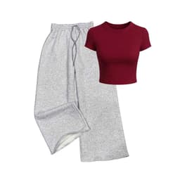 ( bé gái 32-48kg )  Sét Bộ bé gái quần dài da cá xám tiêu+ phối áo croptop tăm lạnh hallower-thuba98 2
