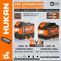 1 Pin 20 Cell Hukan G1-BEL6020-P6 21V 6Ah - Mạch 4 Mofet - Chân Pin M21 Tích Hợp 2 Đèn LED - Cổng Sạc USB, TYPE C 1
