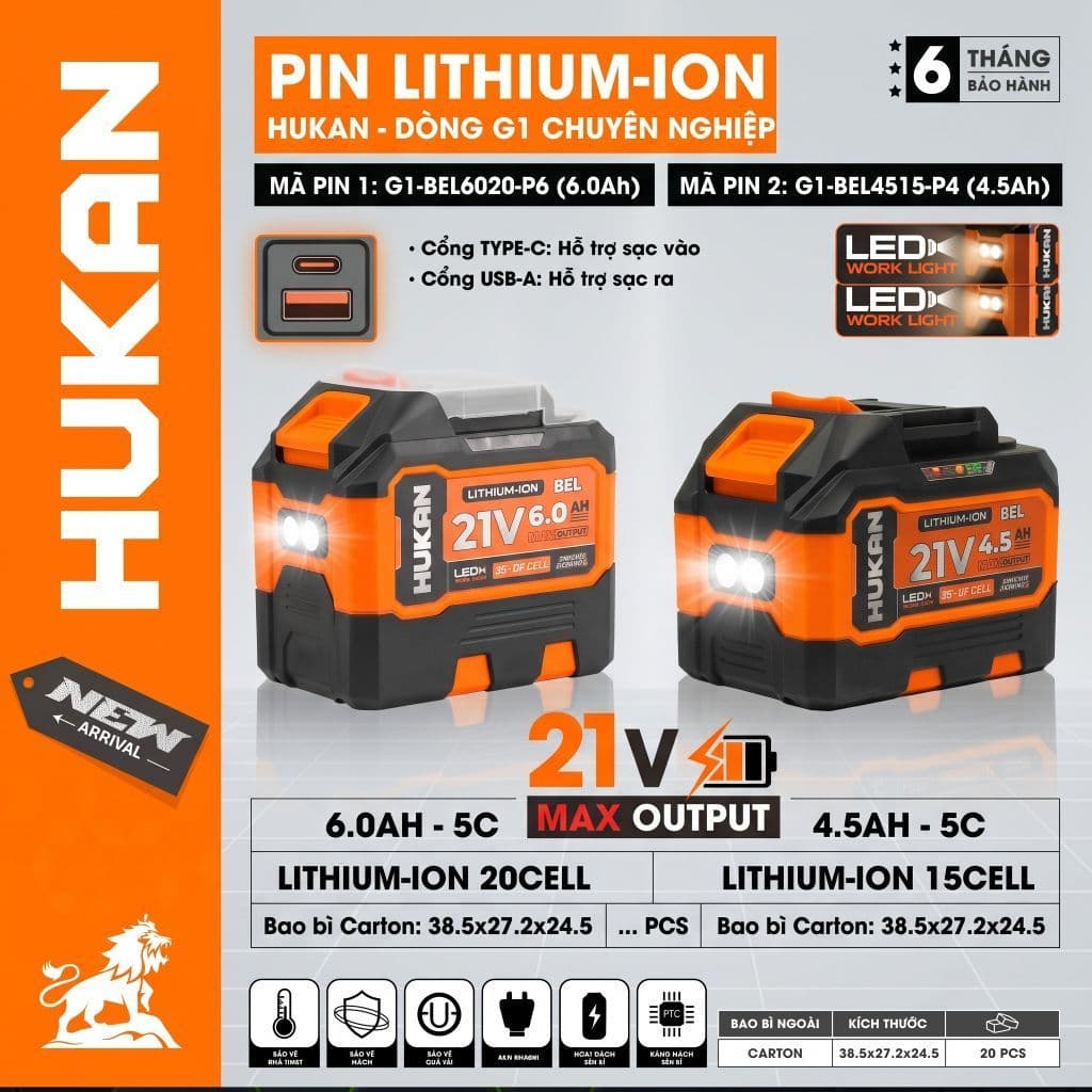 1 Pin 20 Cell Hukan G1-BEL6020-P6 21V 6Ah - Mạch 4 Mofet - Chân Pin M21 Tích Hợp 2 Đèn LED - Cổng Sạc USB, TYPE C