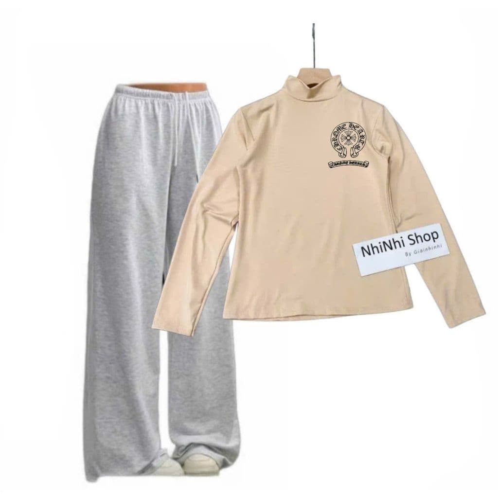 Sét bộ thu đông Quần dài da cá xám ĐẬM trơn + mix áo GIỮ NHIỆT nữ cổ 3cm - chữ thập -thoitrangthubio9998