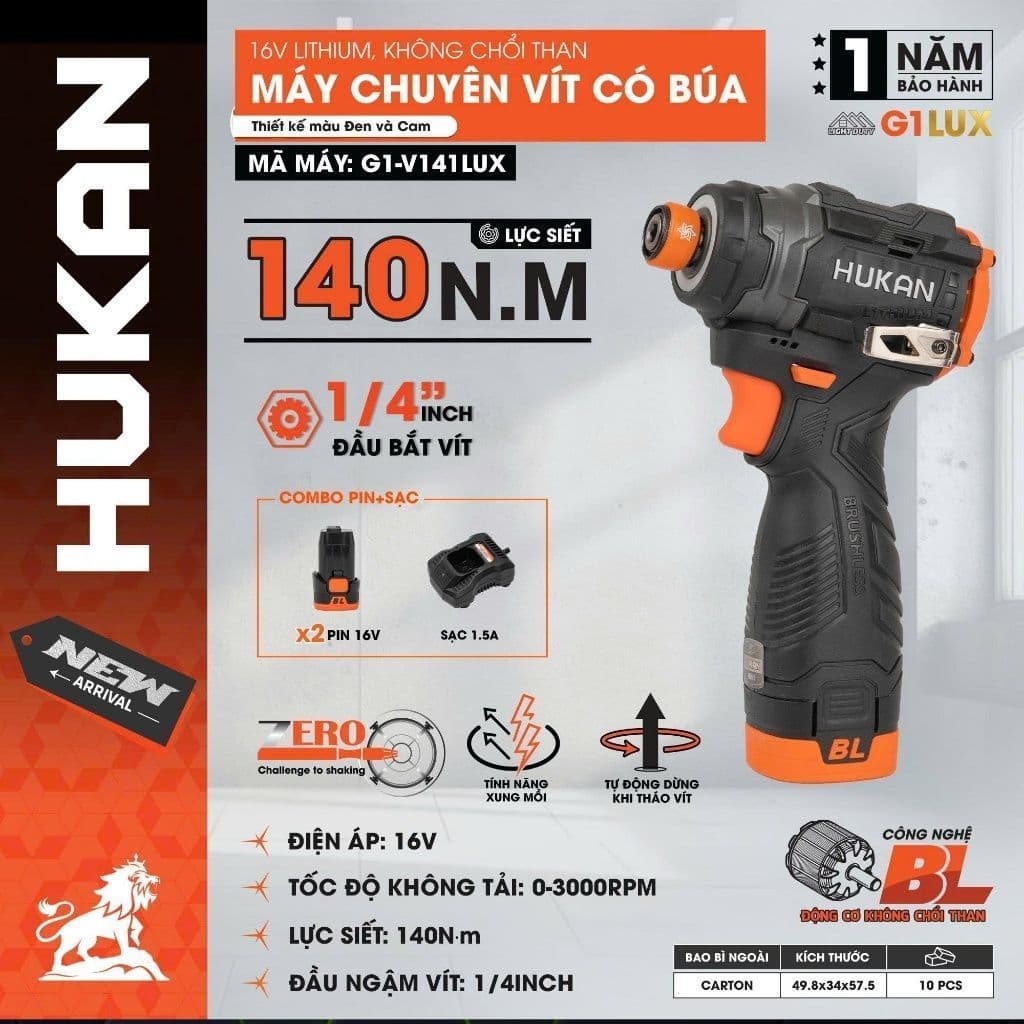 1 Máy chuyên vít pin có búa HUKAN G1-V141LUX, Không chổi than, 140Nm, 2 Tính năng thông minh