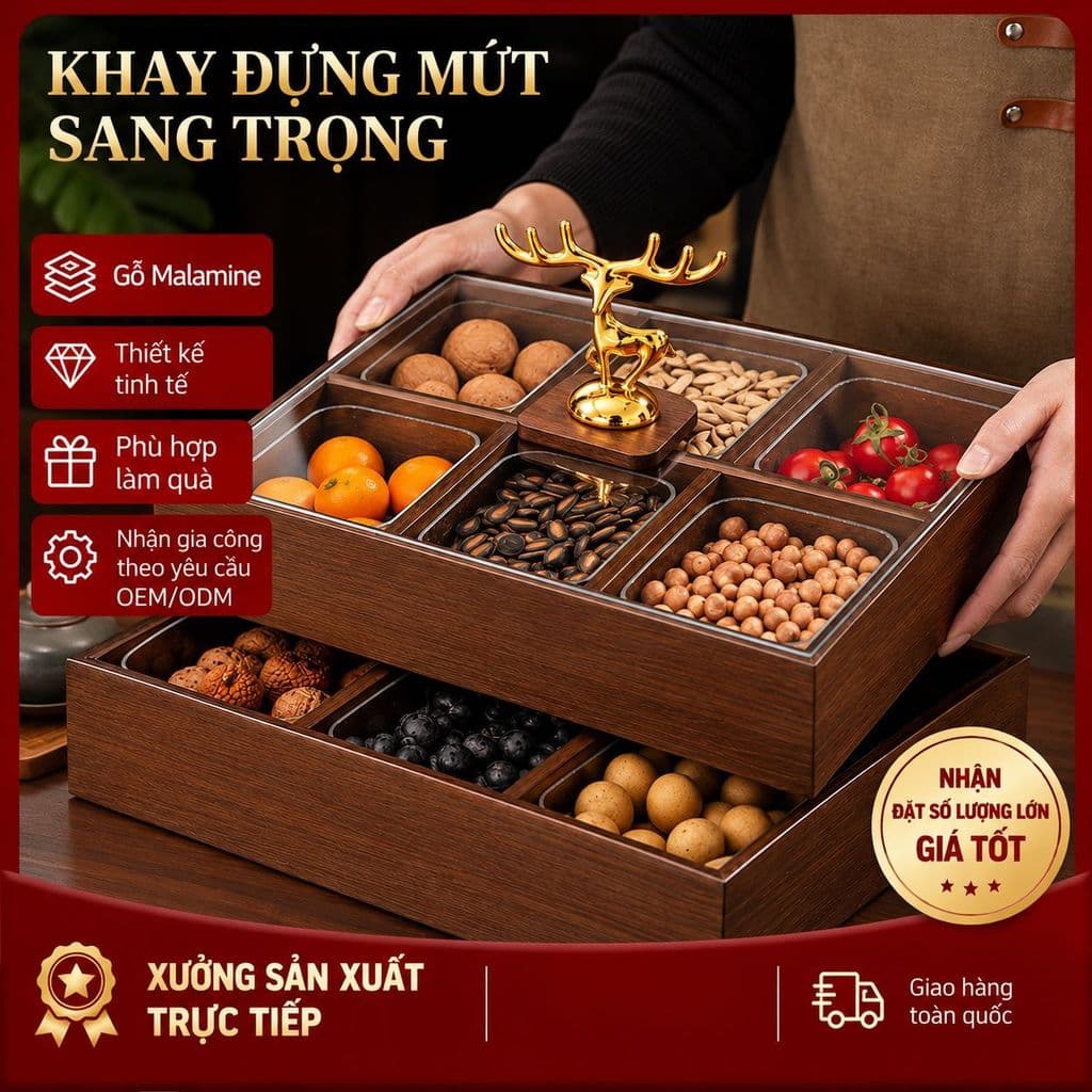 KHAY ĐỰNG MỨT TẾT, HẠT KHÔ, BÁNH KẸO NHIỀU NGĂN CÓ HŨ NHỰA VIỀN VÀNG, SANG TRỌNG MẪU MƠI 2027