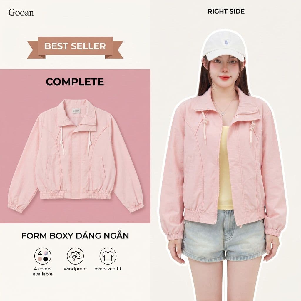 Áo khoác gió nữ  Retro 90s - Bomber jacket ngắn cổ bẻ, 4 màu pastel thời thượng, phong cách trẻ trung.