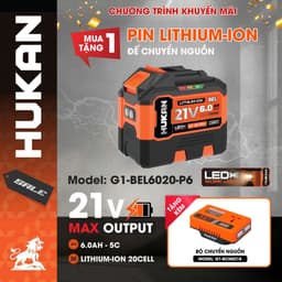 [THẾ HỆ MỚI] Pin 20 Cell HUKAN G1-BEL6020-P6 – 21V 6.0Ah - 5C, Đèn LED Sườn 3 Màu, Chân Pin M21 1