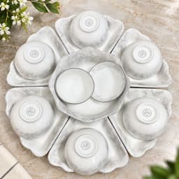Bộ Bát Đĩa Hoa Mặt Trời 7 Món Vân Đá Trắng Sang Trọng, Bộ Đĩa Cánh Hoa Kèm Tô Trung Tâm Bày Mâm Cơm Gia Đình 1