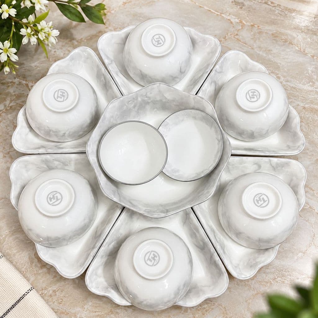 Bộ Bát Đĩa Hoa Mặt Trời 7 Món Vân Đá Trắng Sang Trọng, Bộ Đĩa Cánh Hoa Kèm Tô Trung Tâm Bày Mâm Cơm Gia Đình