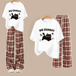 Bộ đồ nữ quần dài caro đỏ  ống suông + và áo phông có cà vạt phong cách-baongoc99 3