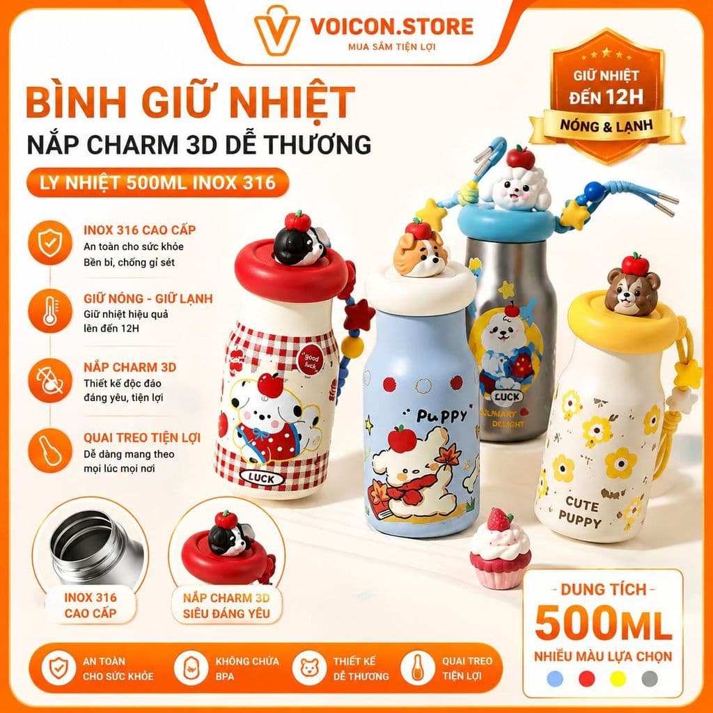 Bình Giữ Nhiệt Hoạt Hình 3D 500ml Inox 316 Dễ Thương Có Dây Đeo VOICON-CU22 Giữ Nóng Lạnh An Toàn Cho Học Sinh