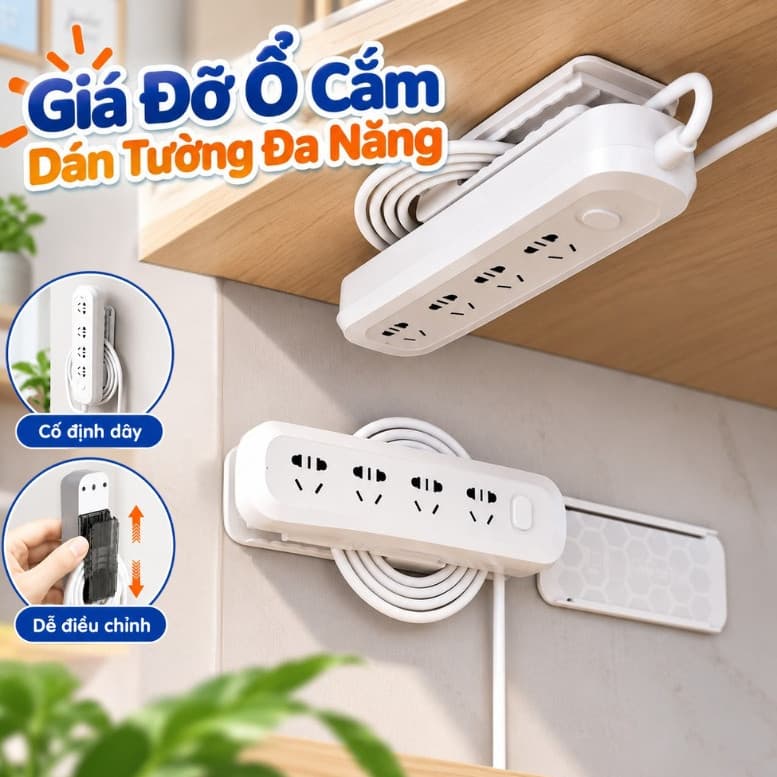 Giá Treo Ổ Điện Dán Tường, Dụng Cụ Cuộn Dây Nguồn Có Kẹp Giữ Chống Rối, Tiết Kiệm Diện Tích
