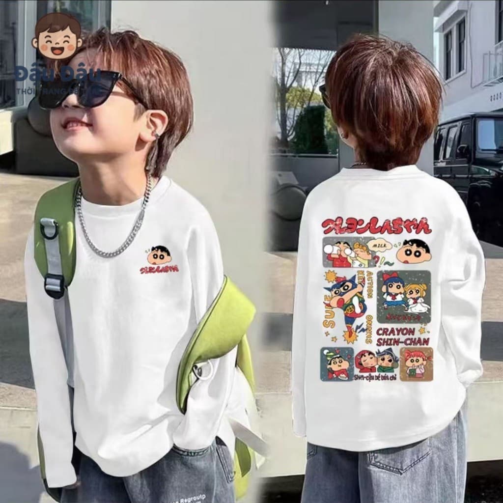 Áo Thun Dài Tay Bé Trai Shin Cậu Bé Bút Chì Họa Tiết Hoạt Hình Đáng Yêu Streetwear Form Rộng Cá Tính Cotton Shop Đậu Đậu