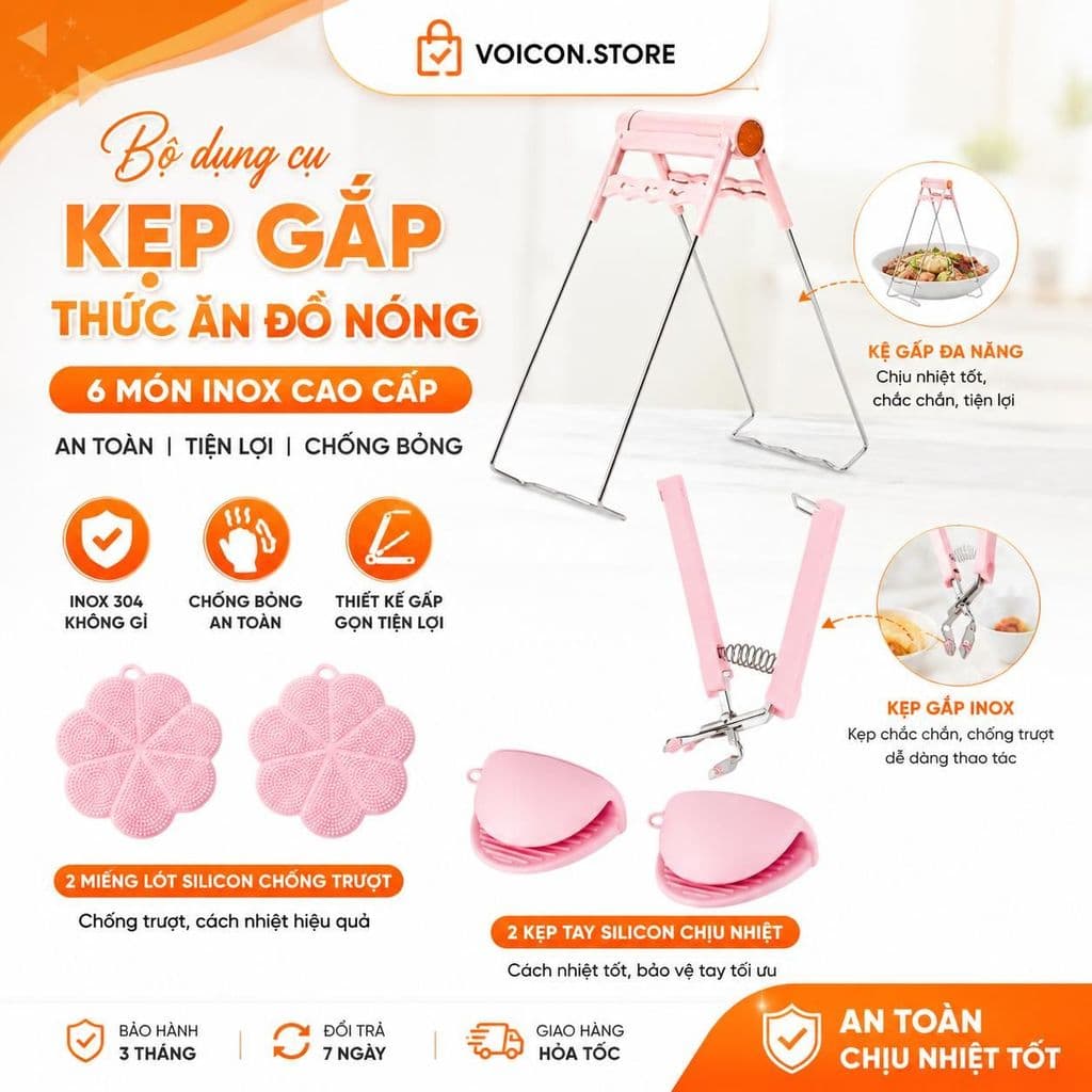 Bộ Dụng Cụ Kẹp Gắp Thức Ăn Đồ Nóng 6 Món Inox Nhấc Nồi Miếng Rửa Bát Silicon Gắp Nóng Nhỏ Gọn Tiện Lợi HD55