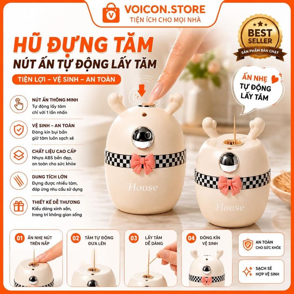 Hộp đựnġ Tăm, Hũ đựnġ Tăm Có Nút Ấn Tự Động Lấy Tăm Ra Lọ, đựnġ Tăm Hình Dáng Siêu xᶖnh, VOICON-[DA66]
