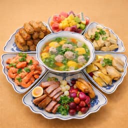 Bộ Bát Đĩa Hoa Mặt Trời Rồng Phượng Ngũ Phúc 7 Món Kèm Khay Tròn 45cm – Gốm Sứ Trắng Xanh, Họa Tiết Sang Trọng 7