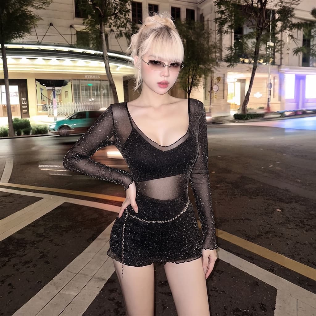 Đầm Lưới Ôm Body Tay Dài Cổ V Kiểu Xuyên Thấu D171 7 - Sam botique