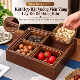 Khay Đựng Bánh Kẹo Mứt Tết 4 Ngăn 6 Ngăn Cao Cấp, Hộp Gỗ Màu Óc Chó Nắp Trong Suốt, Tượng Hươu Vàng Sang Trọng 6