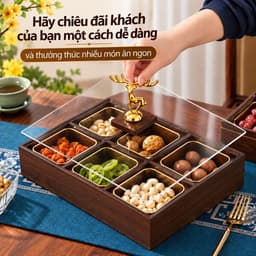 Hộp Đựng Bánh Kẹo Mứt Tết 6 Ngăn Sang Trọng, Khay Gỗ Vân Óc Chó Nắp Mica Trong Suốt, Hươu Vàng Tài Lộc Trang Trí Bàn Trà 6
