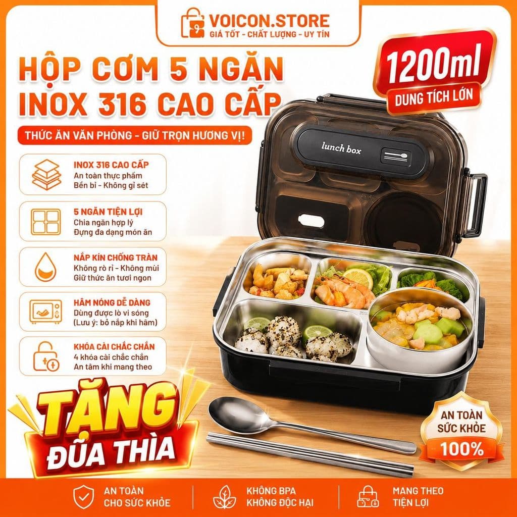 Hộp Đựng Cơm 5 Ngăn Inox 316 Cao Cấp Chống Mòn Siêu Bền VOICON-[KN78] Dành Cho Văn Phòng & Suất Ăn Công Nghiệp