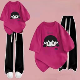 [ MỞ BÁN GIẢM 60% ] sét bộ đồ quần dài dây to đen+ mix áo phông form rộng màu HỒNG thêu cao xinh 5