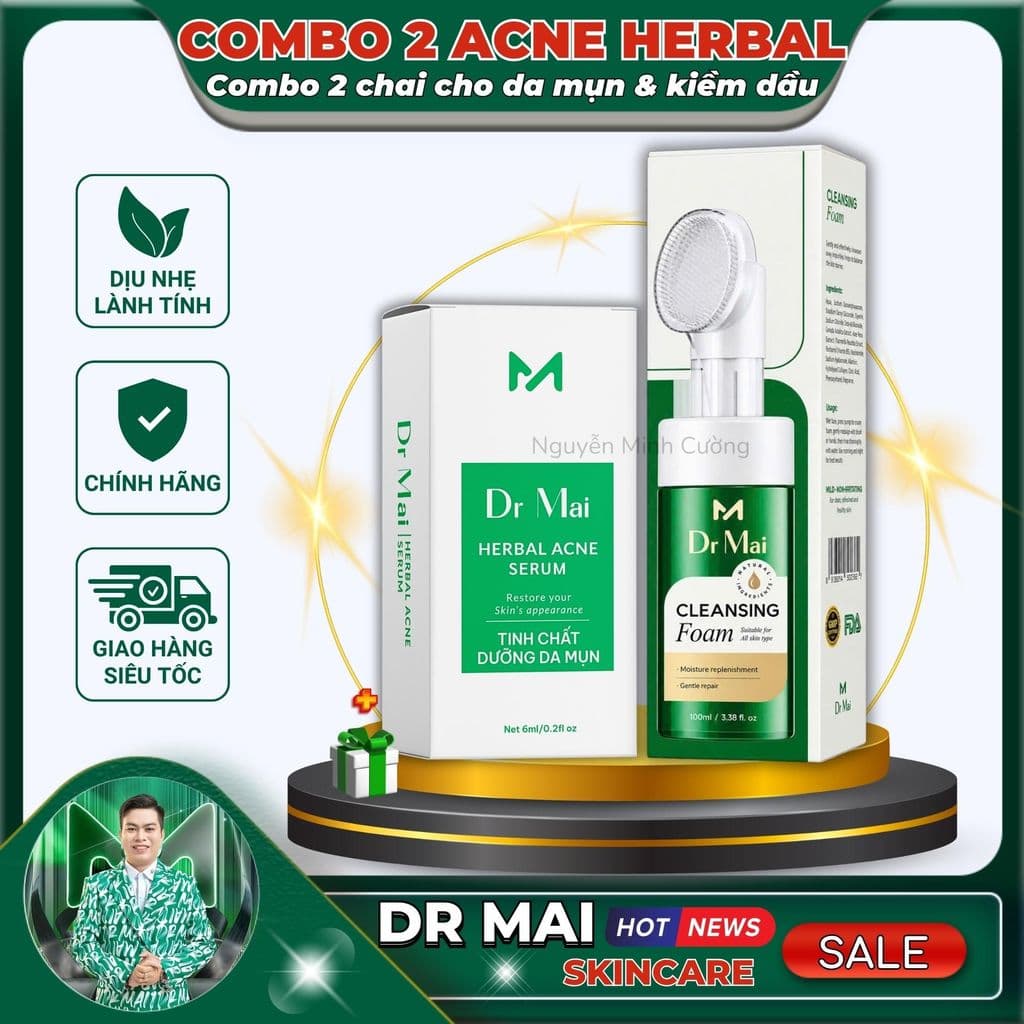 Combo hỗ trợ chăm sóc da mụn, thâm, cân bằng dầu thừa Sữa rửa mặt và Serum Dr Mai