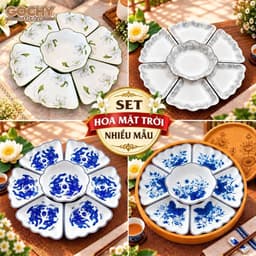 Bộ Bát Đĩa Hoa Mặt Trời 7 Món Gốm Sứ Cao Cấp, Nhiều Mẫu Nấm Nâu – Viền Đen – Mai Vàng – Hoa Sen, Bộ Đĩa Bày Mâm Cơm 45CM 1
