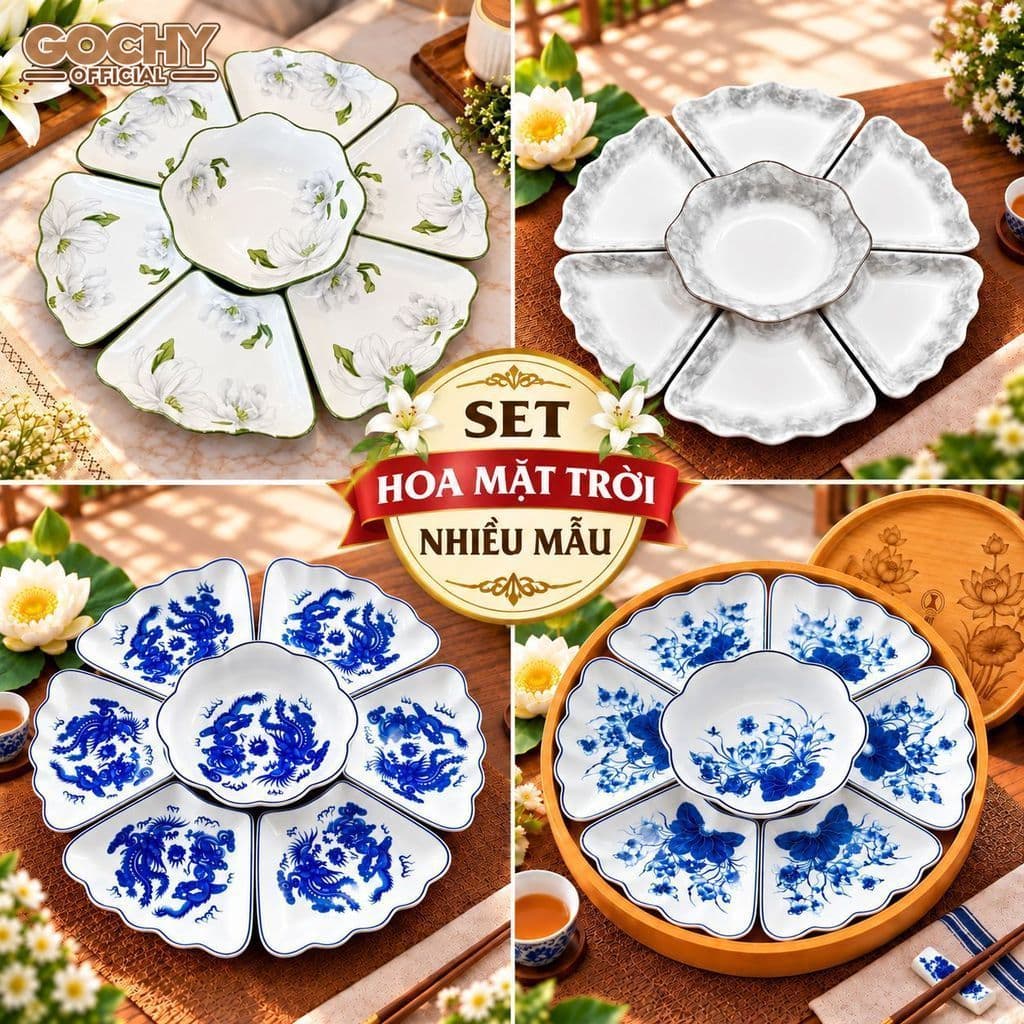 Bộ Bát Đĩa Hoa Mặt Trời 7 Món Gốm Sứ Cao Cấp, Nhiều Mẫu Nấm Nâu – Viền Đen – Mai Vàng – Hoa Sen, Bộ Đĩa Bày Mâm Cơm 45CM
