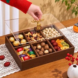 Khay Đựng Bánh Kẹo Mứt Tết 2027 Cao Cấp 6 Ngăn, Hộp Gỗ Màu Óc Chó Nắp Trong Suốt Núm Hươu Vàng Sang Trọng 4