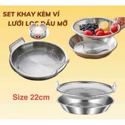 Bộ Khay Kèm Vỉ Lưới lọc dầu chất liệu inox đường kính 22cm, phù hợp sử dụng với nồi chiên không dầu 3