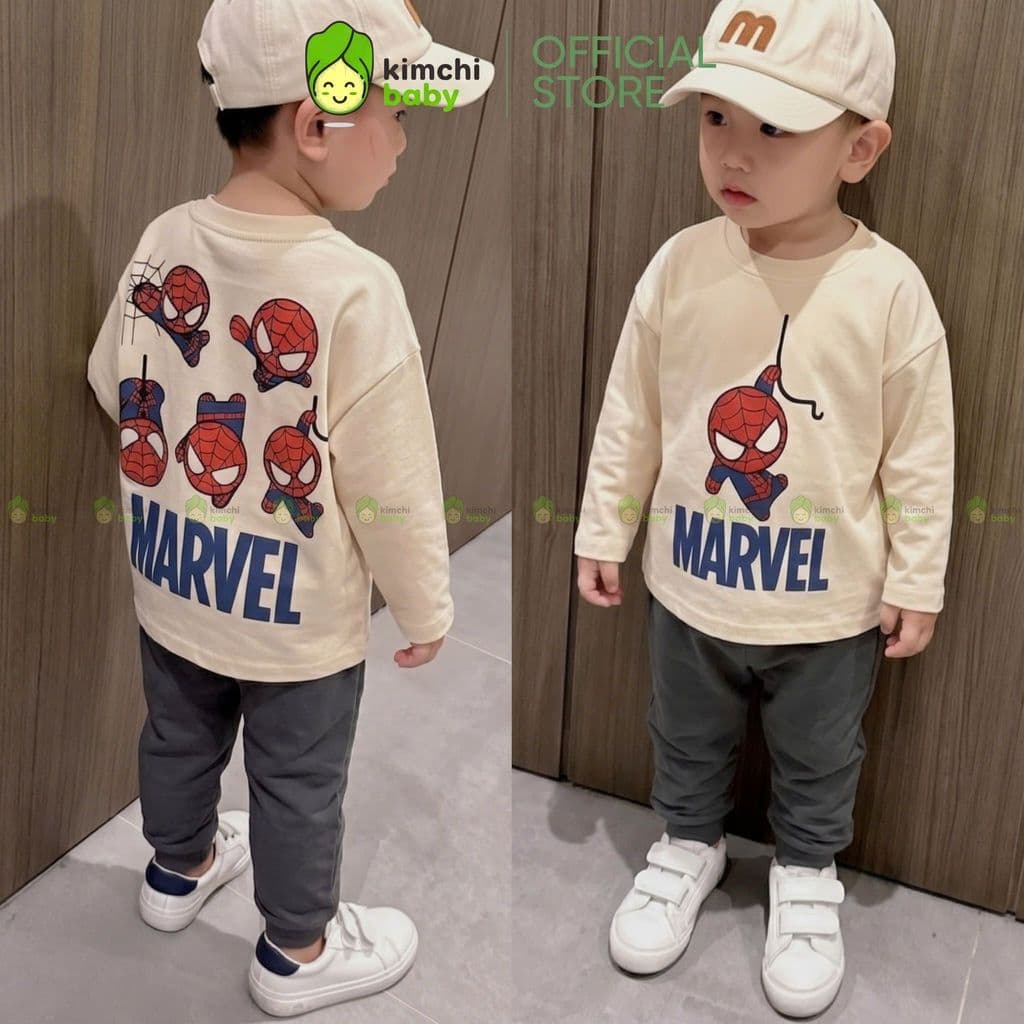 [10-29KG] Bộ Dài Tay Cho Bé Trai KIMCHIBABY Vải Cotton Cao Cấp 190gsm Mềm Mịn Họa Tiết Siêu Nhân Người Nhện Ver1 KD601
