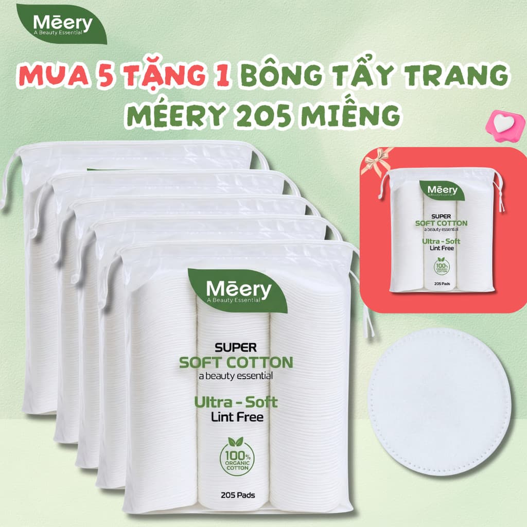 [MUA 5 TẶNG 1] Bông Tẩy Trang MÉERY Chính Hãng, Bông Tẩy Trang Meery 205 Miếng 100% Cotton Mềm Mại