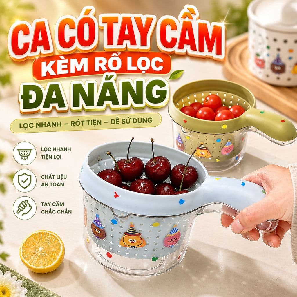 Ca chắt nước có tay cầm thiết kế 2 trong 1 kèm rổ lọc rau rủ quả
