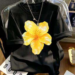 Hot trend Áo thun nữ phong cách thanh lịch tươi mát, cổ tròn tay ngắn in hoa vàng lớn phù hợp đi chơi hàng ngày 1