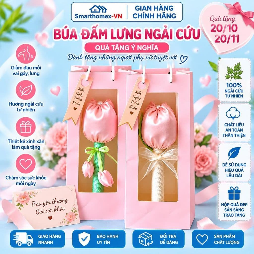 Búa Đấm Lưng Ngải Cứu Hình Hoa Tulip, Búa Massage Vai Gáy Lưng Thư Giãn, Hộp Quà Tặng Mẹ Cô Giáo Người Thân_TH