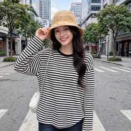 Áo thun giấy form rộng cổ tròn tay dài thu đông chất mỏng mát màu kẻ sọc  xắn  AS 8 43 65 3