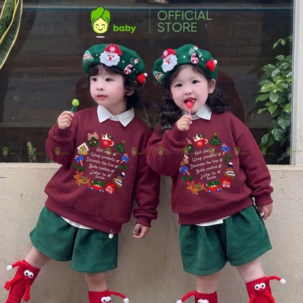 [10-29KG] Áo Nỉ Thu Đông Cho Bé Trai Bé Gái Kimchibaby Vải Nỉ 2 Da Cao Cấp Họa Tiết Noel Giáng Sinh Dày Mịn Ấm AN602