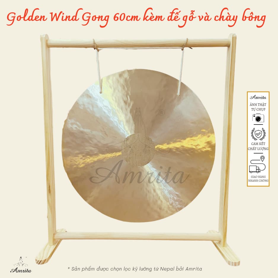 [Amrita] [Hàng Sẵn] Golden Wind Gong 60cm kèm đế gỗ và chày bông - CXNP534