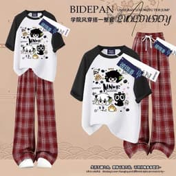 Bộ đồ nữ quần dài caro đỏ  ống suông + và áo phông có cà vạt phong cách-baongoc99 2
