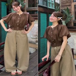 Áo Sơ Mi Cộc Tay Dáng Croptop Tay Bồng Chun Dưới M1212 Thời Trang Nữ  2