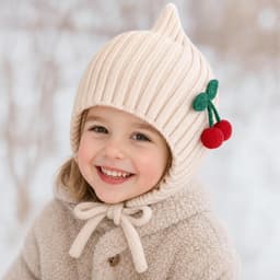 M174 Mũ Len Trùm Đầu Có Dây Buộc Giữ Ấm Mùa Đông Cho Bé, Mũ Len Cho Bé Đính Quả Cherry Dễ Thương 3m -2 tuổi 3