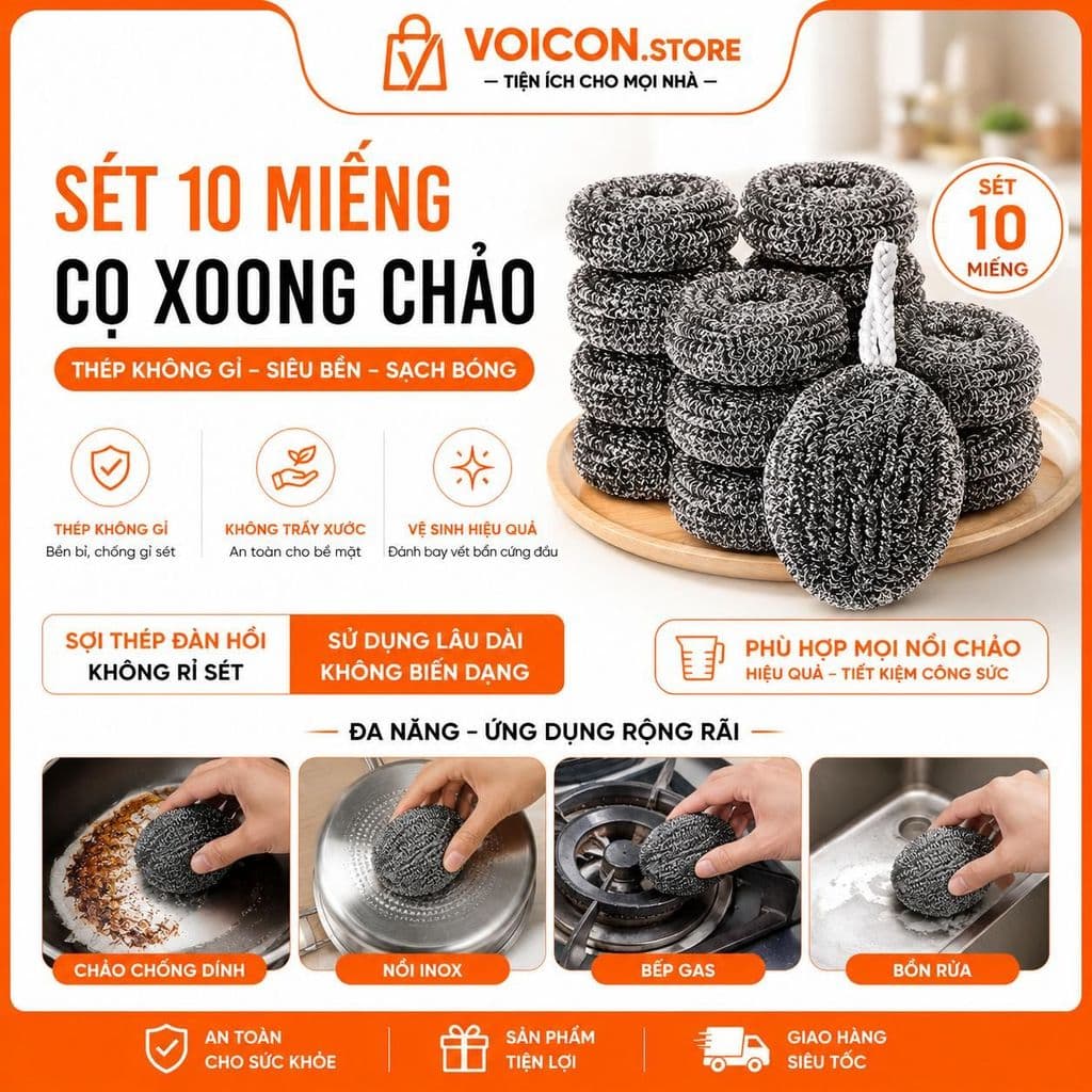 Cọ Xoong Chảo Sét 10 Miếng Cọ Tròn Rửa Bát Thép Không Gỉ Có Dây Treo Tiện Lợi VOICON-DA72 Chất Lượng Cao