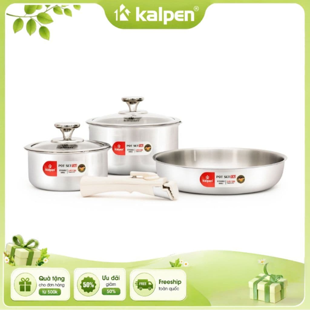 Bộ Nồi Chảo Inox 304 Kalpen TA1 Liền Khối Cán Rời 3 Món Nồi 16 20cm Chảo 26cm