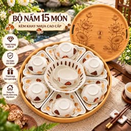 Bộ Bát Đĩa Hoa Mặt Trời 15 Món Họa Tiết Nấm Nâu Kèm Khay Sen 45cm – Bộ Chén Đĩa Gốm Sứ Cao Cấp Trang Trí Mâm Cơm Cúng 1