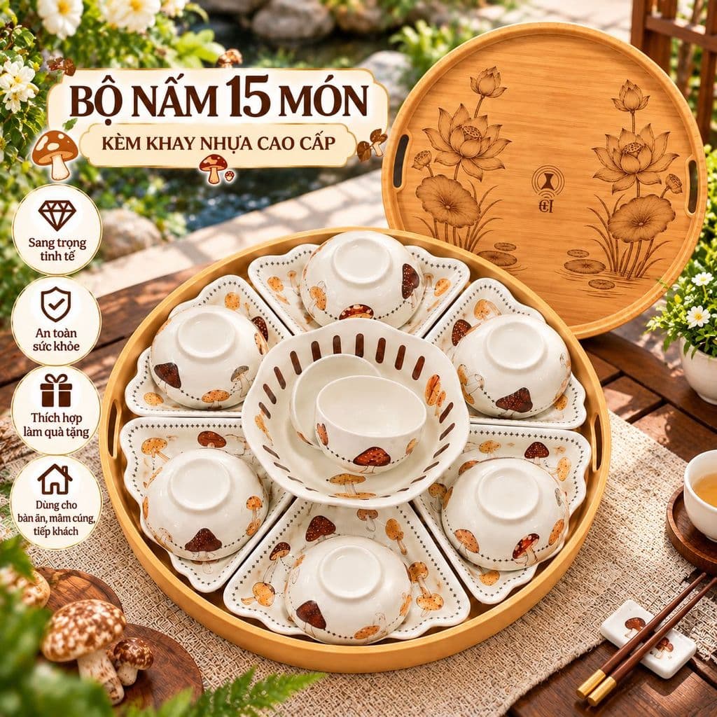 Bộ Bát Đĩa Hoa Mặt Trời 15 Món Họa Tiết Nấm Nâu Kèm Khay Sen 45cm – Bộ Chén Đĩa Gốm Sứ Cao Cấp Trang Trí Mâm Cơm Cúng
