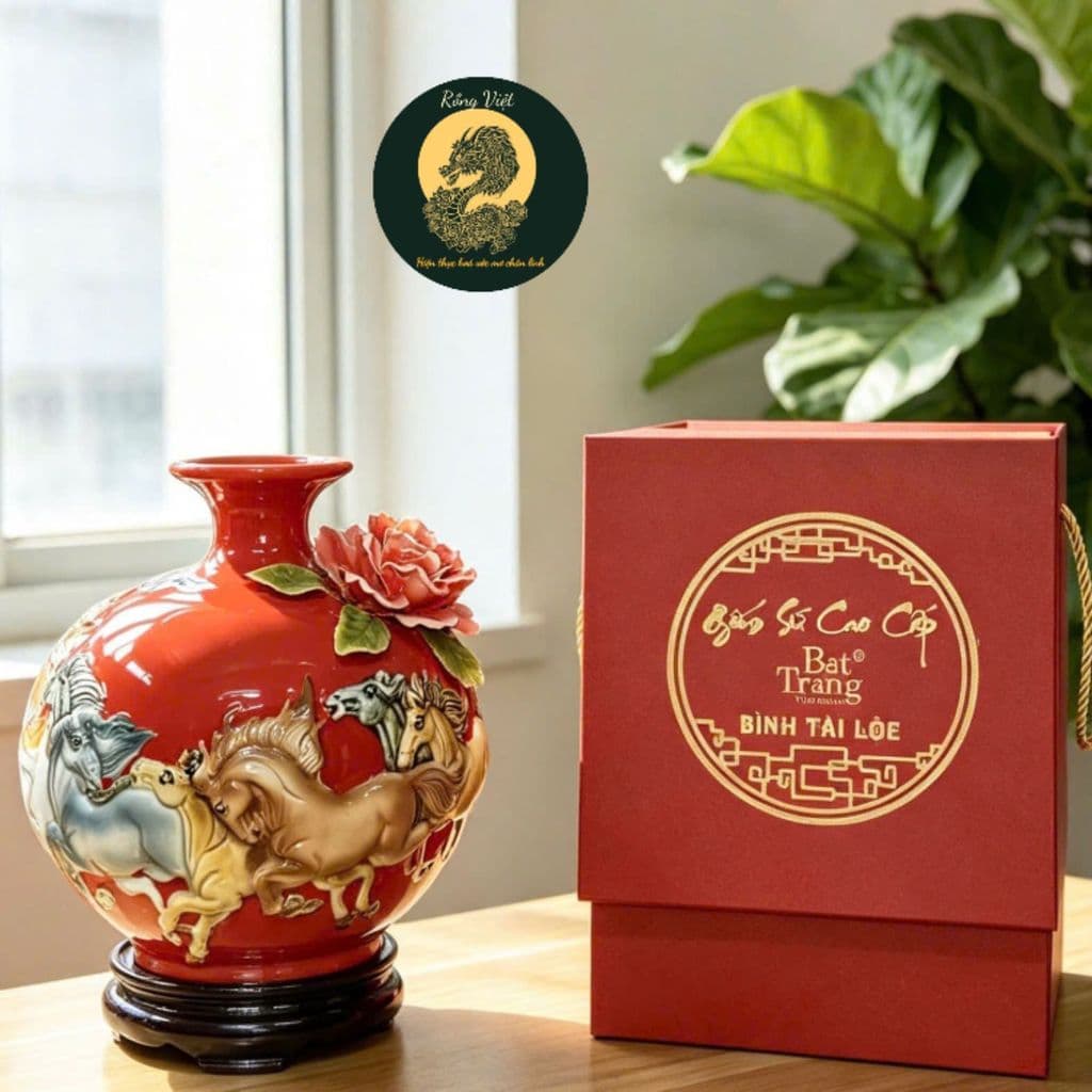 [TẶNG ĐẾ VÀ HỘP QUÀ] Bình Hút Lộc Bát mã đắp nổi RỒNG VIỆT xanh lá, Quà tặng tân gia mệnh mộc, hỏa